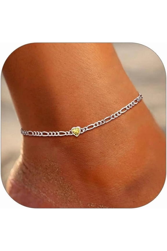 SILVERCUTE Sterling Silver Anklets for Women, Large Heart/Round Birthstone Ankle Bracelet with Figaro Chain, Waterproof Summer Beach Foot Jewelry Length 8.5"-10.5"