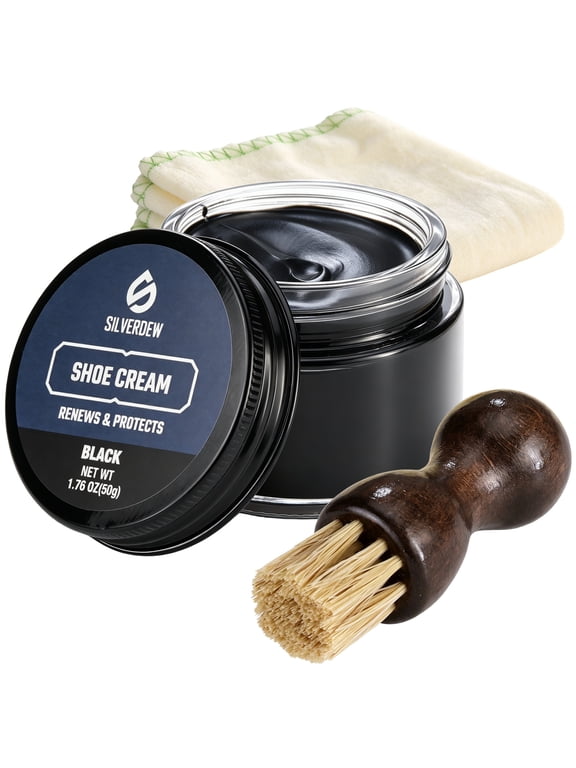 SILVERDEW Shoe Cream Polish Kit 3 Piece, Black Leather Shoe Cream with Applicator Brush and Polishing Cloth for Shoes and Boots