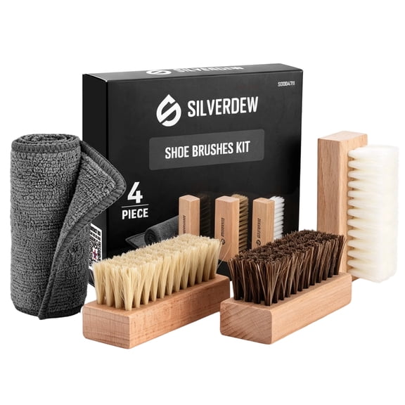 SILVERDEW 4PCS Shoe Brush Kit, 3 Brushes & Microfiber Cloth, Shoe Cleaning Set for Leather, Suede & Sneakers