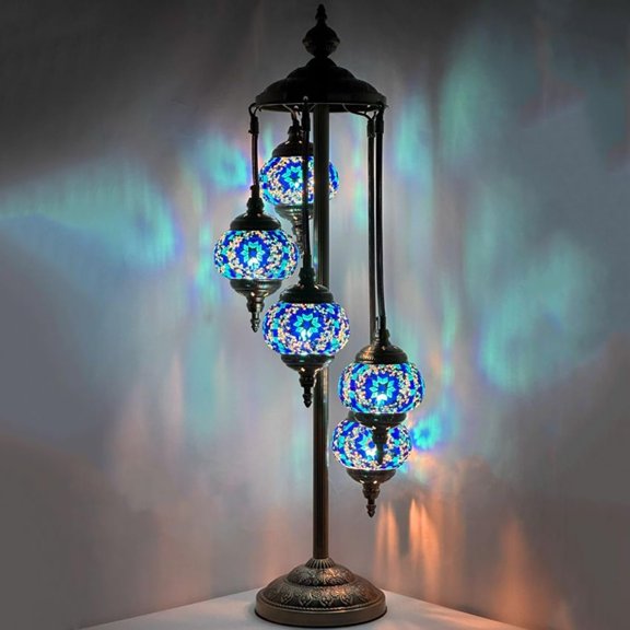 SILVERFEVER 5 Globes Turkish Mosaic Floor Lamp Tiffany Moroccan Art Home Decor Lantern Tall Lamps for Living Room Office Bedroom Deep Blue Flower