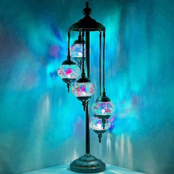SILVERFEVER 5 Globes Turkish Mosaic Floor Lamp Tiffany Moroccan Art Home Decor Lantern Tall Lamps for Living Room Office Bedroom Purple Blue Mix
