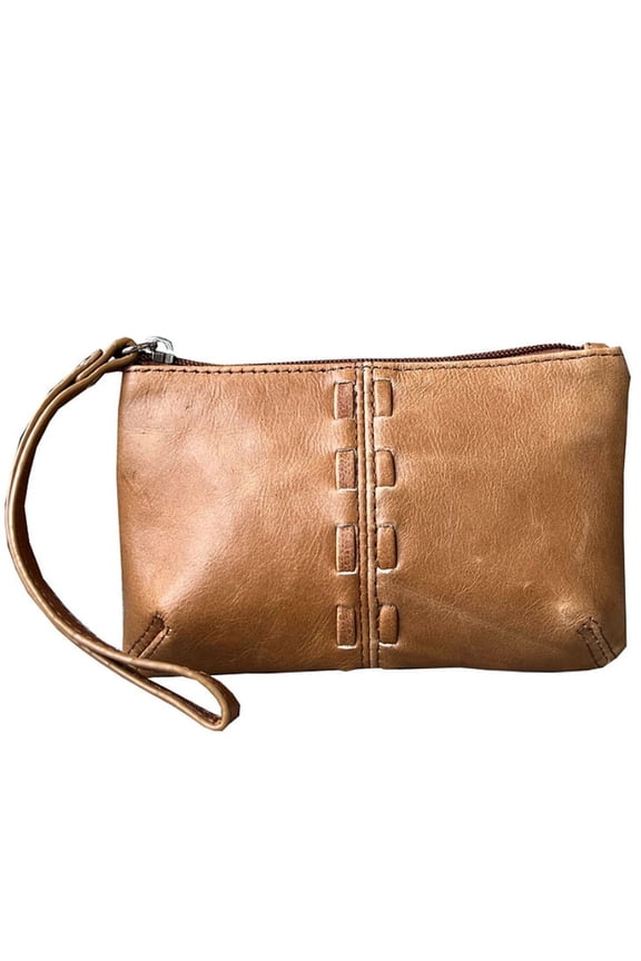 SILVERFEVER Cowhide Leather Wristlet Purse Wallet Whipstitched Detail