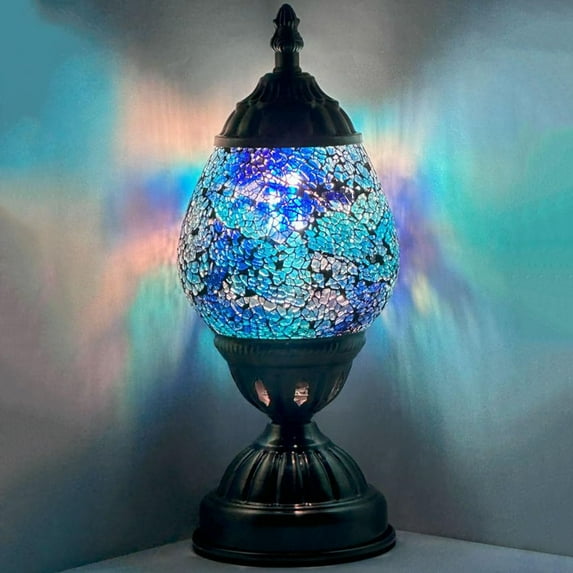 SILVERFEVER Egg Shaped Mosaic Lamp Turkish Glass Moroccan Lantern Room Decor Night Light for Bedroom, Living Room Dcor w LED Bulb Blue Shades