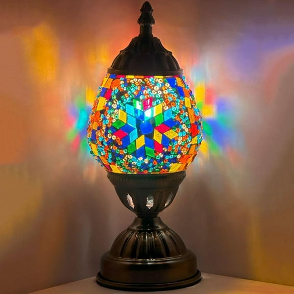 SILVERFEVER Egg Shaped Mosaic Lamp Turkish Glass Moroccan Lantern Room Decor Night Light for Bedroom, Living Room Dcor w LED Bulb Rainbow Flower