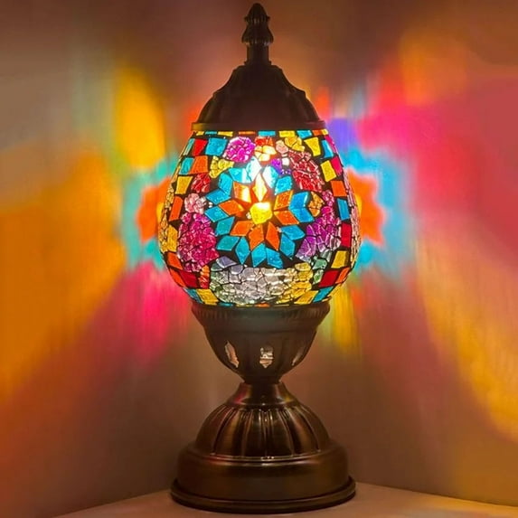 SILVERFEVER Egg Shaped Mosaic Lamp Turkish Glass Moroccan Lantern Room Decor Night Light for Bedroom, Living Room Dcor w LED Bulb Turquoise Flower