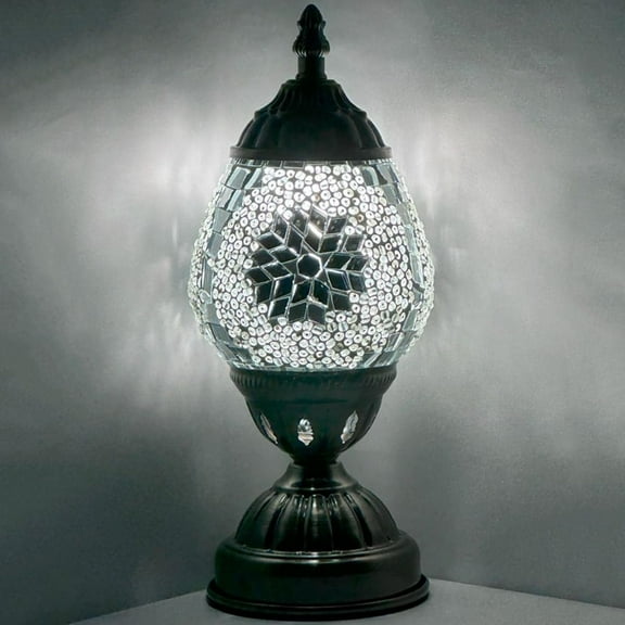 SILVERFEVER Egg Shaped Mosaic Lamp Turkish Glass Moroccan Lantern Room Decor Night Light for Bedroom, Living Room Dcor w LED Bulb White Snoflake