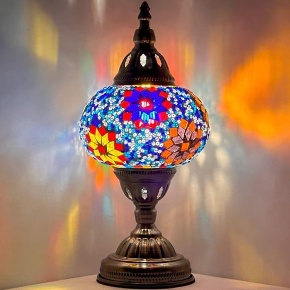 SILVERFEVER Handmade Mosaic Turkish Large Lamp for Table Desk Bedside with LED Bulb 13" H Tri Color Flowers