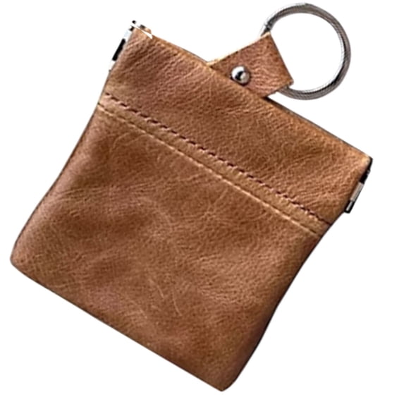 SILVERFEVER Leather Coin Purse Change Holder Squeeze Spring Closure Pouch w Key Ring, 3.5" by 3.5" - Great Gift for Men Women