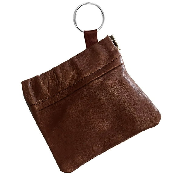 SILVERFEVER Leather Coin Purse Change Holder Squeeze Spring Closure Pouch w Key Ring, 3.5" by 3.5" - Great Gift for Men Women