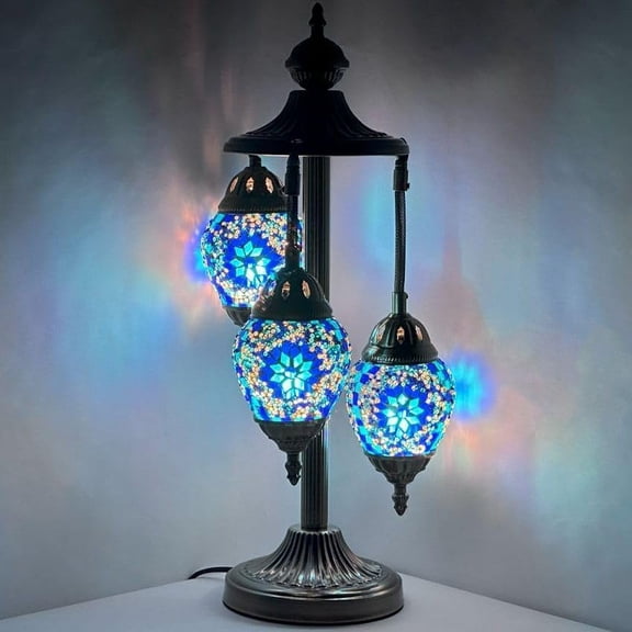 SILVERFEVER Moroccan Lamps Mosaic Turkish Lamp -Three Tier Lanterns Colorful Handmade Glass Floor or Table with E 12 Bulbs Blue Snowflake Eggshapped