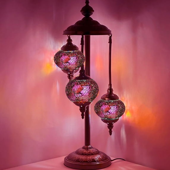 SILVERFEVER Moroccan Lamps Mosaic Turkish Lamp -Three Tier Lanterns Colorful Handmade Glass Floor or Table with E 12 Bulbs Deep Pink