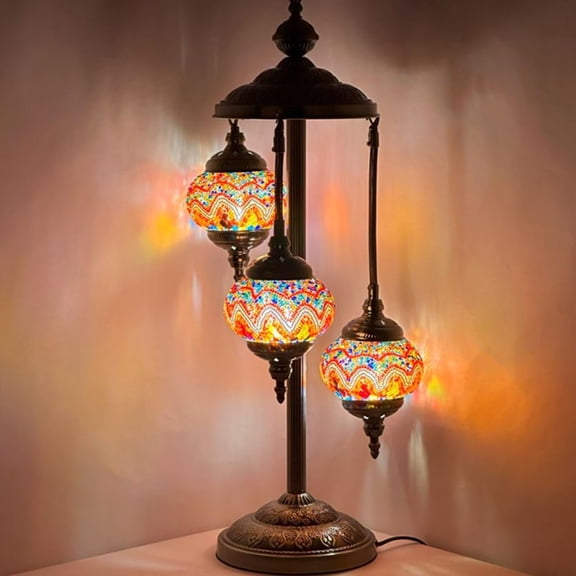 SILVERFEVER Moroccan Lamps Mosaic Turkish Lamp -Three Tier Lanterns Colorful Handmade Glass Floor or Table with E 12 Bulbs Firebird Tail