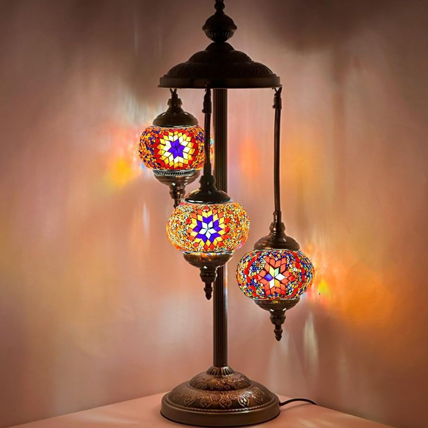 SILVERFEVER Moroccan Lamps Mosaic Turkish Lamp Tier Lanterns Colorful Handmade Glass Floor or Table with E 12 Bulbs in Red Orange -