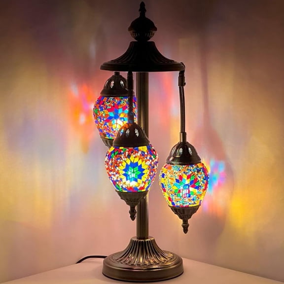 SILVERFEVER Moroccan Lamps Mosaic Turkish Lamp -Three Tier Lanterns Colorful Handmade Glass Floor or Table with E 12 Bulbs Multi Mix Eggshapped