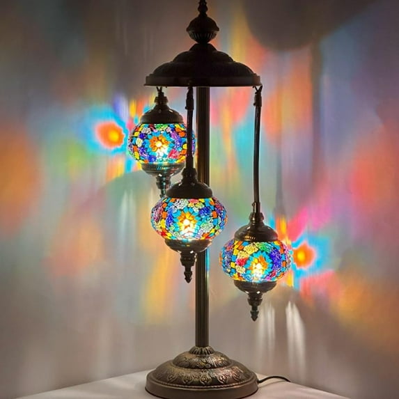SILVERFEVER Moroccan Lamps Mosaic Turkish Lamp -Three Tier Lanterns Colorful Handmade Glass Floor or Table with E 12 Bulbs Multicolor Flower