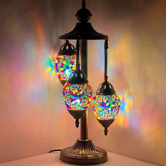SILVERFEVER Moroccan Lamps Mosaic Turkish Lamp -Three Tier Lanterns Colorful Handmade Glass Floor or Table with E 12 Bulbs Rainbow Flower Eggshapped