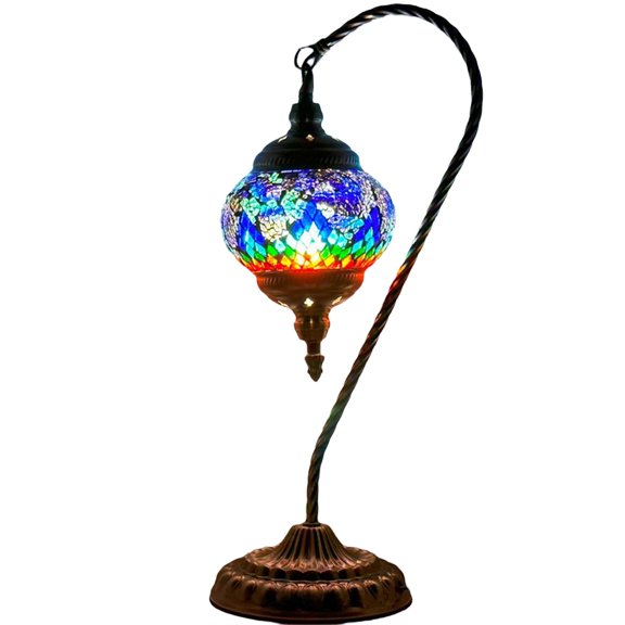 SILVERFEVER Mosaic Turkish Lamp Moroccan Glass Swan Neck Lantern for Table Desk Bedside Bronze Base Bundle with E12 Light Bulb Blue Firebird Tail