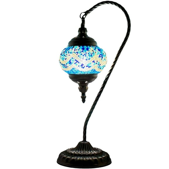 SILVERFEVER Mosaic Turkish Lamp Moroccan Glass Swan Neck Lantern for Table Desk Bedside Bronze Base Bundle with E12 Light Bulb Blue Mountains