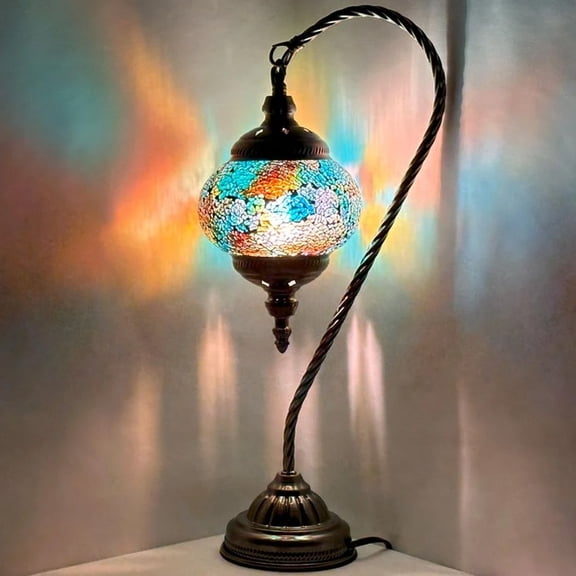 SILVERFEVER Mosaic Turkish Lamp Moroccan Glass Swan Neck Lantern for Table Desk Bedside Bronze Base Bundle with E12 Light Bulb Golden Shades