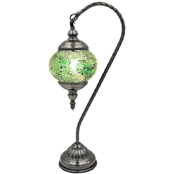 SILVERFEVER Mosaic Turkish Lamp Moroccan Glass Swan Neck Lantern for Table Desk Bedside Bronze Base Bundle with E12 Light Bulb Green Shades