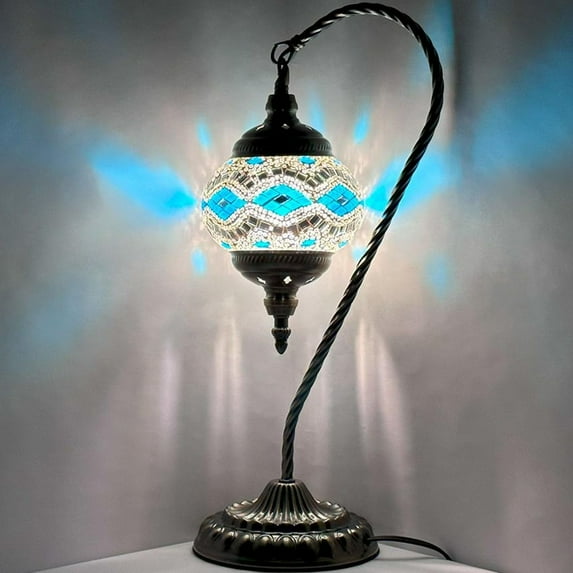 SILVERFEVER Mosaic Turkish Lamp Moroccan Glass Swan Neck Lantern for Table Desk Bedside Bronze Base Bundle with E12 Light Bulb Grey Blue Wave