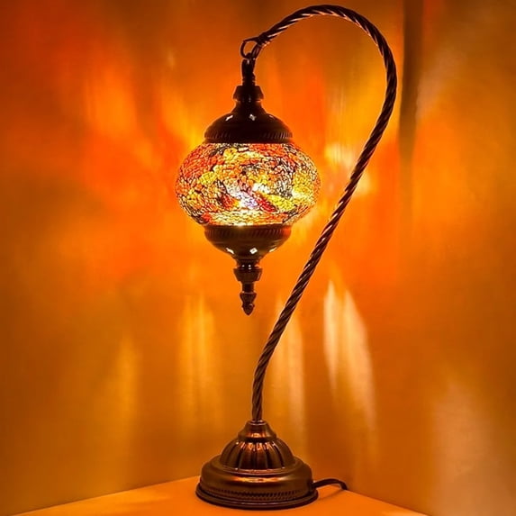 SILVERFEVER Mosaic Turkish Lamp Moroccan Glass Swan Neck Lantern for Table Desk Bedside Bronze Base Bundle with E12 Light Bulb Orange Green Shades