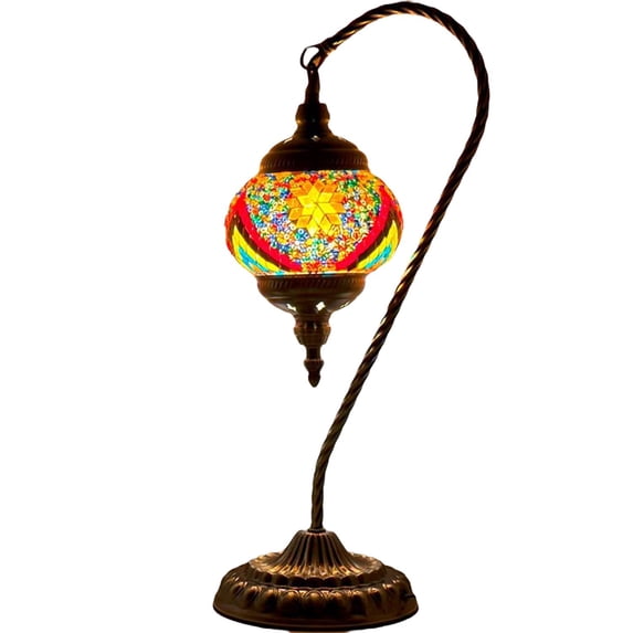 SILVERFEVER Mosaic Turkish Lamp Moroccan Glass Swan Neck Lantern for Table Desk Bedside Bronze Base Bundle with E12 Light Bulb Rainbow Sand