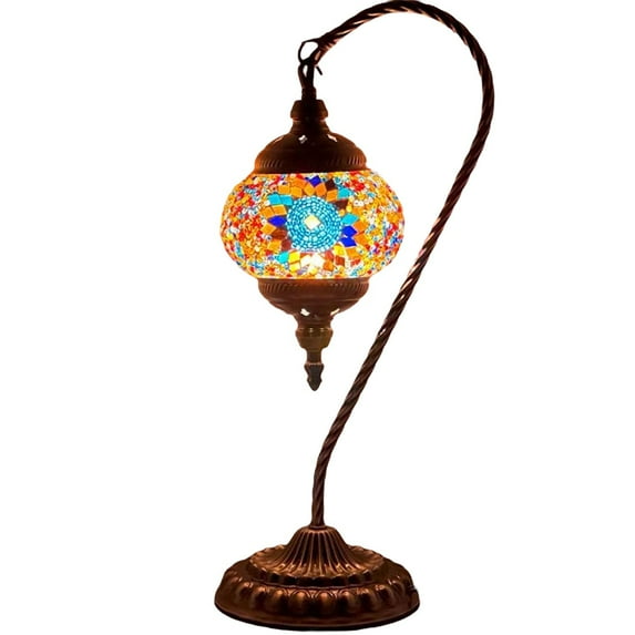 SILVERFEVER Mosaic Turkish Lamp Moroccan Glass Swan Neck Lantern for Table Desk Bedside Bronze Base Bundle with E12 Light Bulb Rainbow Sunflower