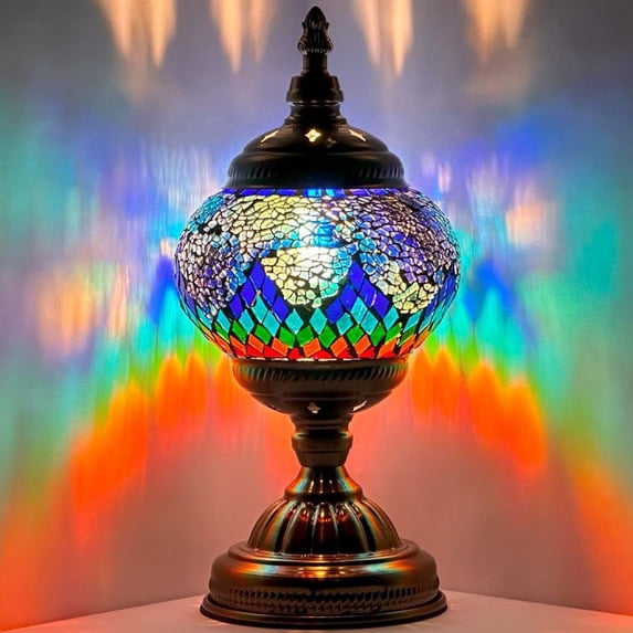 SILVERFEVER Mosaic Turkish Lamp Moroccan Glass for Table Desk Bedside Bronze Base Bundle with E12 Light Bulb-2 Sizes Blue Firebird Tail