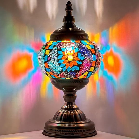 SILVERFEVER Mosaic Turkish Lamp Moroccan Glass for Table Desk Bedside Bronze Base Bundle with E12 Light Bulb-2 Sizes Deep Blue Flower