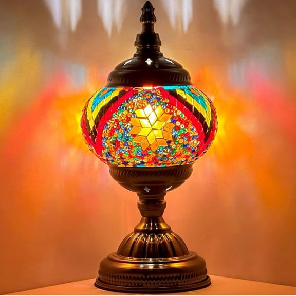 SILVERFEVER Mosaic Turkish Lamp Moroccan Glass for Table Desk Bedside Bronze Base Bundle with E12 Light Bulb-2 Sizes Rainbow Sand