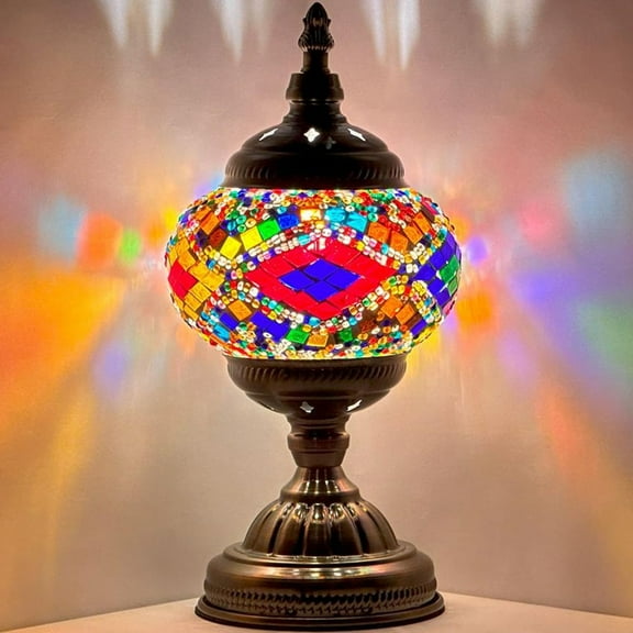 SILVERFEVER Mosaic Turkish Lamp Moroccan Glass for Table Desk Bedside Bronze Base Bundle with E12 Light Bulb-2 Sizes Rainbow Wave