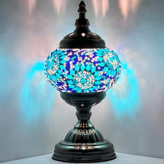 SILVERFEVER Mosaic Turkish Lamp Moroccan Glass for Table Desk Bedside Bronze Base Bundle with E12 Light Bulb-2 Sizes Turquoise Sunflower
