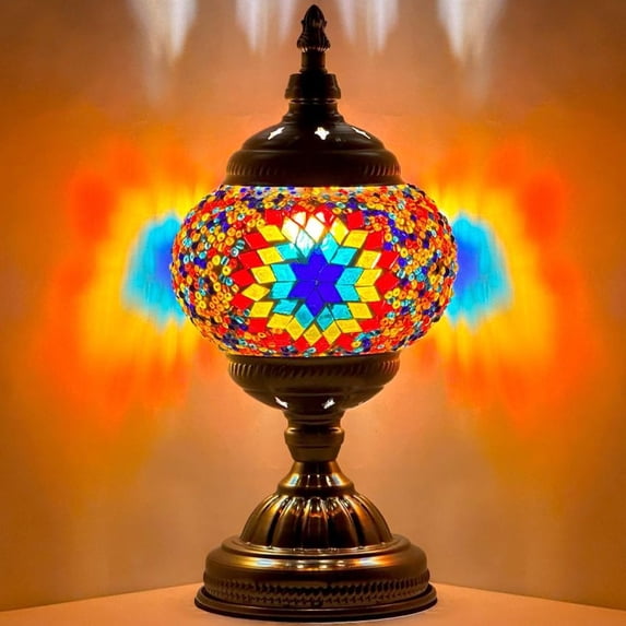 SILVERFEVER Mosaic Turkish Lamp Moroccan Glass for Table Desk Bedside Bronze Base Bundle with E12 Light Bulb-2 Sizes Vibrant Floral Burst