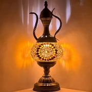 SILVERFEVER Mosaic Turkish Teapot Lamp Moroccan Glass for Table Desk Bedside Bronze Base Bundle with E12 Light Bulb Ember Sunflower