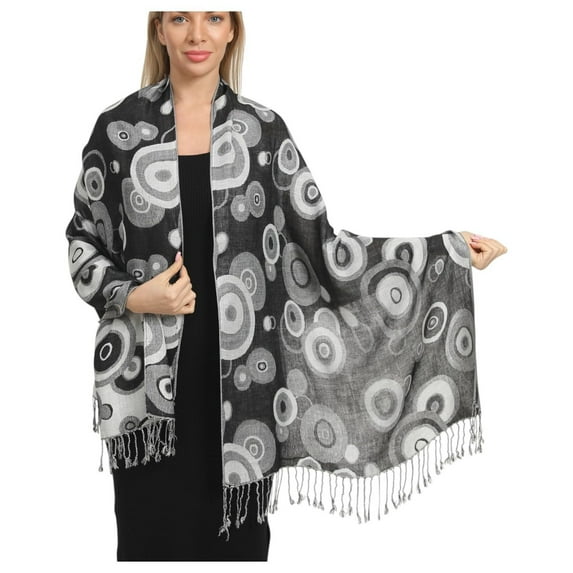 SILVERFEVER Scarf Pashmina Circle Pattern Shawls Festival Scarves Head Cover Bohemian Rave Accessories Bridal Summer Wedding Wrap White Black