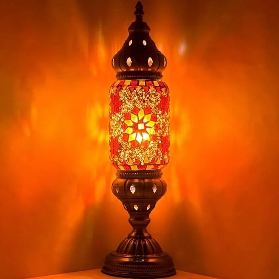 SILVERFEVER Turkish Cylinder Table Lamp Mosaic Glass Accent Boho Lamps Moroccan Lantern Ember Flower