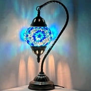 SILVERFEVER Turkish Moroccan Mosaic Table Lamp - Handmade Swan Neck Tiffany Glass Table Bedside Lamps w Bronze Base14.5 LED Bulb Included Deep Blue Flower