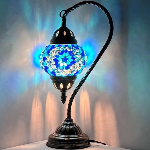 SILVERFEVER Turkish Moroccan Mosaic Table Lamp - Handmade Swan Neck Tiffany Glass Table Bedside Lamps w Bronze Base14.5 LED Bulb Included Deep Blue Flower