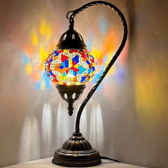 SILVERFEVER Turkish Moroccan Mosaic Table Lamp - Handmade Swan Neck Tiffany Glass Table Bedside Lamps w Bronze Base14.5 LED Bulb Included Multi Flowerlake