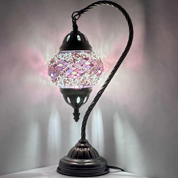 SILVERFEVER Turkish Moroccan Mosaic Table Lamp - Handmade Swan Neck Tiffany Glass Table Bedside Lamps w Bronze Base14.5 LED Bulb Included Purple Wave