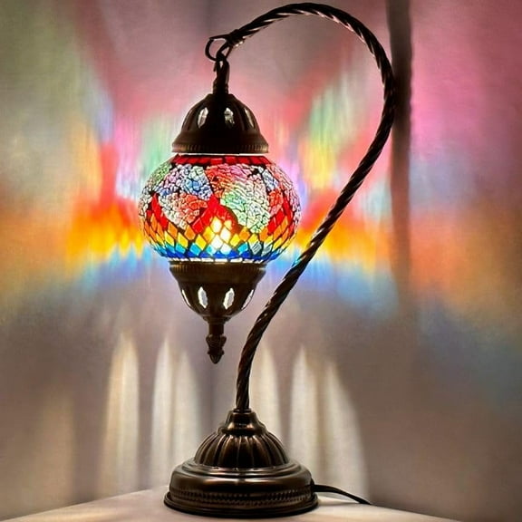 SILVERFEVER Turkish Moroccan Mosaic Table Lamp - Handmade Swan Neck Tiffany Glass Table Bedside Lamps w Bronze Base14.5 LED Bulb Included Rainbow Firebird Tail