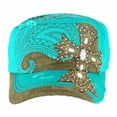 thumbnail image 1 of SILVERFEVER Women's Military Cadet Cap Hat - Patch Cotton - Studded & Embroidered Turquoise, Cross Suede, 1 of 7