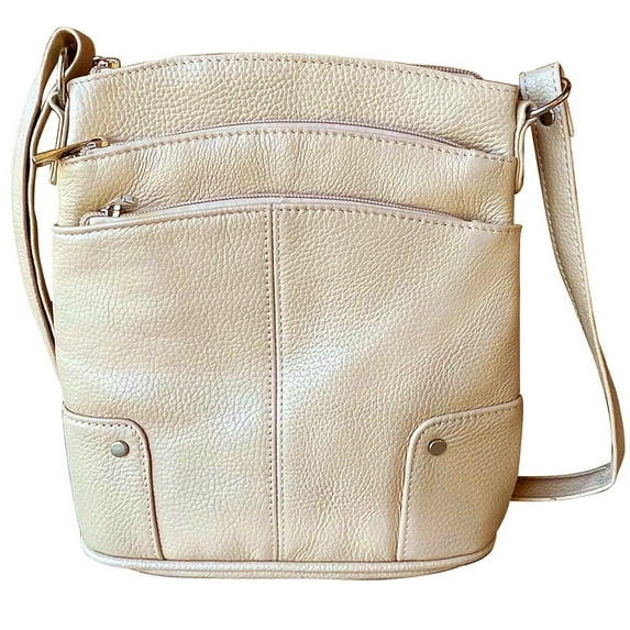 SILVERFEVER Womens Leather Large Crossbody Travel College Student Indie Style Handbag Water Resistant Dome Top Cream