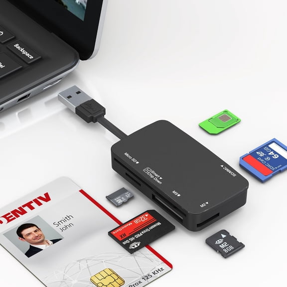 SIM Card Adapter - CAC Reader Military and Memory Card Adapter 7 in 1 SD/MMC/TF/Memory Stick Pro Duo/M2/IC/PIV/Chip/Smart Card/Standard SIM Reader for Computer Windows/Mac OS/Linux, Plug and Play