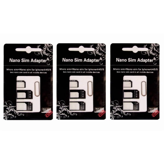 SIM Card Adapter KIT 3-Pack by R-SIM (9 Total Adapters: Nano to Micro, Nano to Regular, Micro to Regular) with SIM Extractor/Pin Ejector (Black)