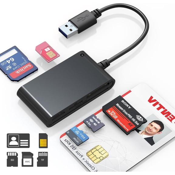 SIM Card Reader for Computer - 7 in 1 CAC Card Reader Military Smart Card Reader & MS Duo/SD/TF/M2/ID/IC/SIM/PIV Card Reader Memory Stick Duo Adapter for Windows Linux MacOS X