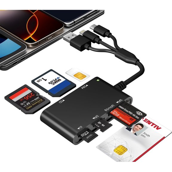 SIM Card Reader for iPhone/PC, 7 in 3 Lightning/USB-A/USB-C CAC Reader Military Smart Card Reader & SD/TF/M2/ID/IC/SIM/PIV/Ms Pro Duo Card Reader for iPhone/iPad/PC/Laptop/Windows/Linux Plug and Play