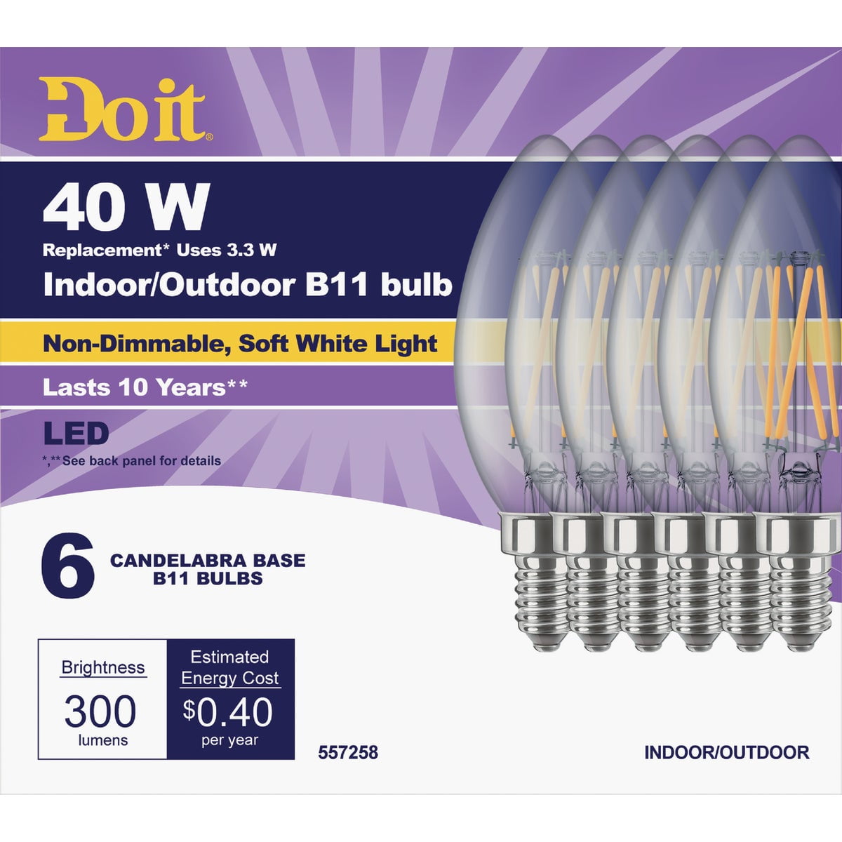 Soft White Non-Dimmable LED Candelabra Bulbs Pack of 6