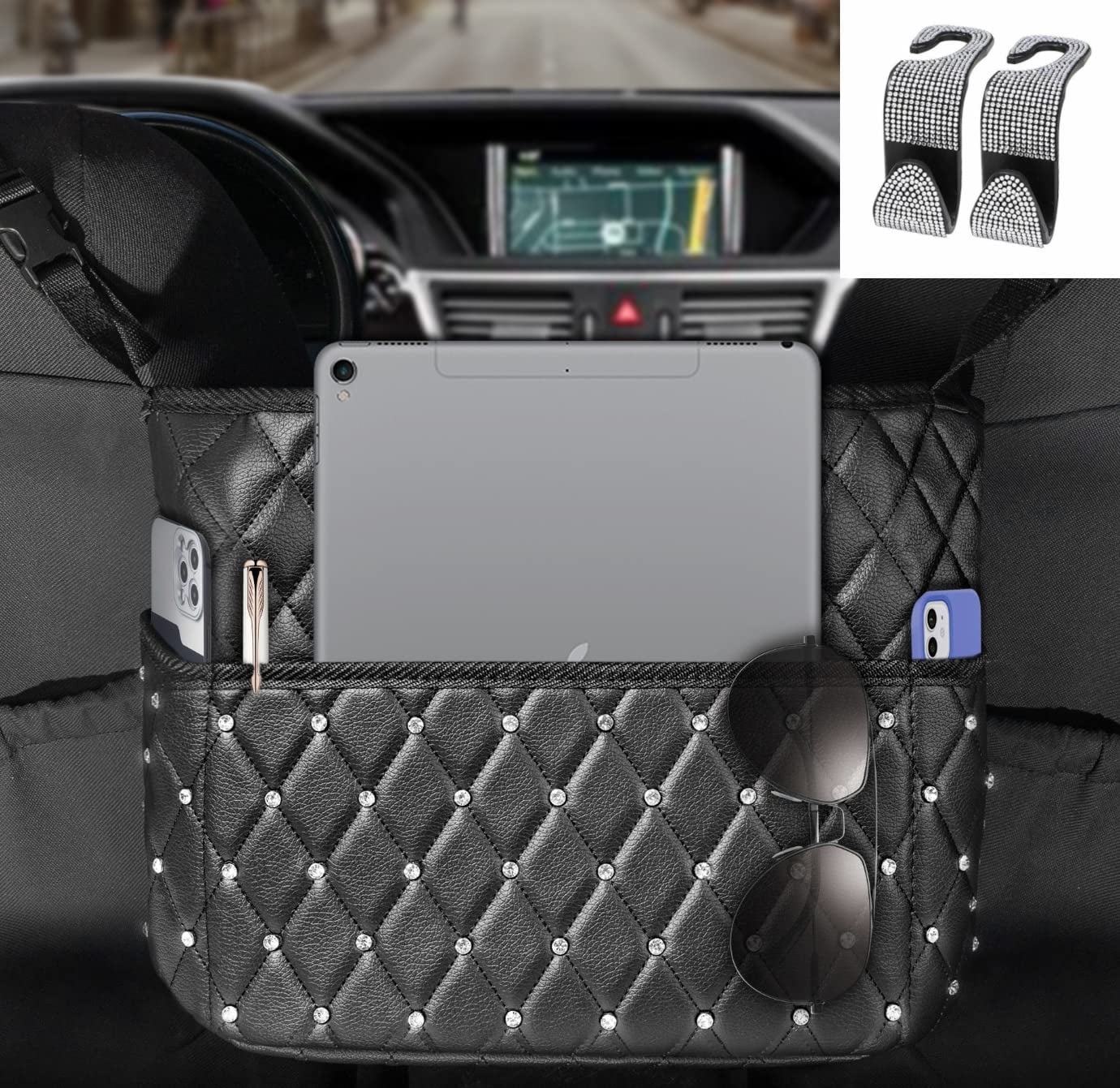 SIMABI Car Handbag Holder, Purse Car Holder Front Seat with 2 PCS Bling